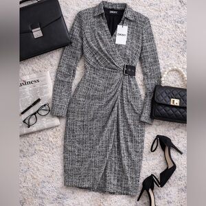 DKNY Faux Wrap Dress 16 NWT Black Cream Long Sleeve Office Dress Work Party